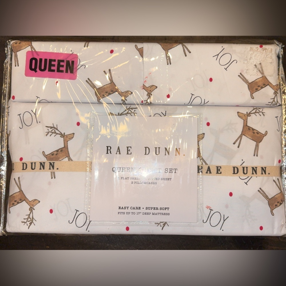 NWT Rae Dunn Queen Sheet Set Christmas/Holiday/Seasonal REINDEER/JOY White